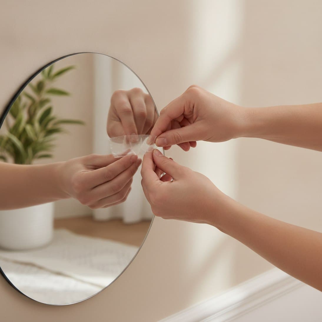 pose d'un miroir à coller au mur avec une bande adhésive double face
