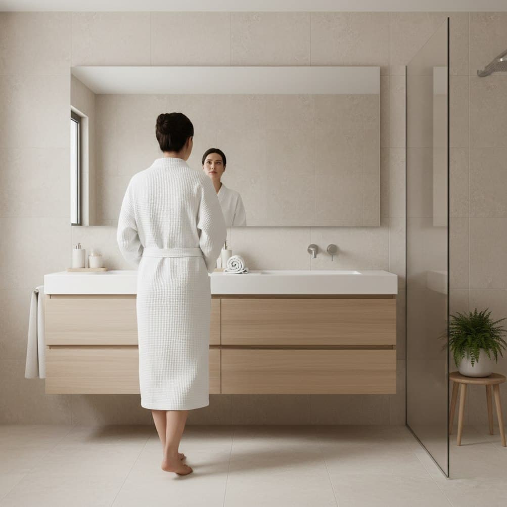 hauteur miroir salle de bain centré à hauteur des yeux au-dessus du lavabo