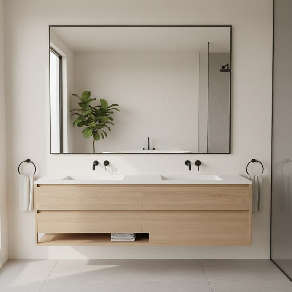 grand miroir sur mesure installé au-dessus d'une double vasque de salle de bain